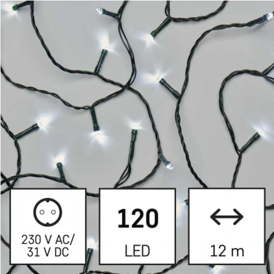 Lampki choinkowe 120 LED 12m zimna biel, zielony przewód, 8 programów, IP44 D4AC08 EMOS (D4AC08)